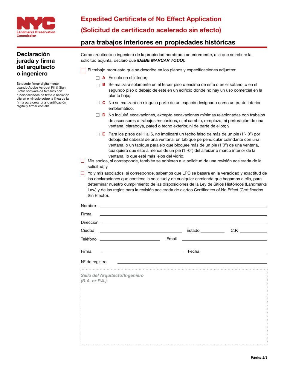 Solicitud De Certificado Acelerado Sin Efecto Para Trabajos Interiores En Propiedades Historicas - New York City (Spanish), Page 2