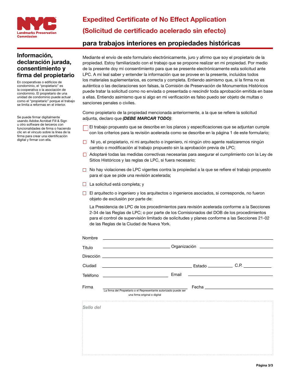 Solicitud De Certificado Acelerado Sin Efecto Para Trabajos Interiores En Propiedades Historicas - New York City (Spanish), Page 3