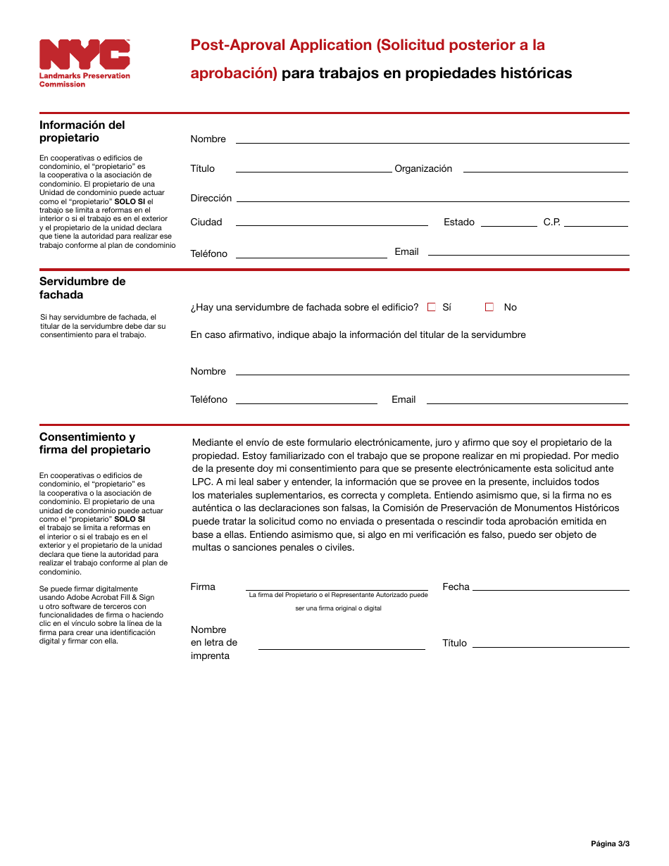 Solicitud Posterior a La Aprobacion Para Trabajos En Propiedades Historicas - New York City (Spanish), Page 3
