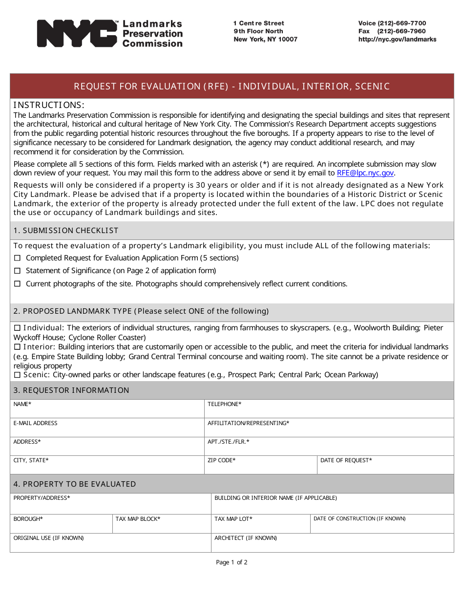 Request for Evaluation (Rfe) - Individual, Interior, Scenic - New York City, Page 1