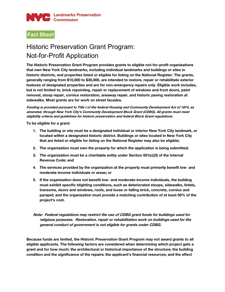 Not-For-Profit Application Form - Historic Preservation Grant Program - New York City, Page 1