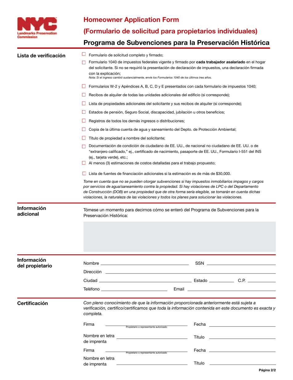 Formulario De Solicitud Para Propietarios Individuales - Programa De Subvenciones Para La Preservacion Historica - New York City (Spanish), Page 4