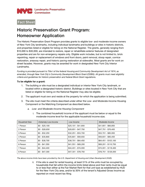 Homeowner Application - Historic Preservation Grant Program - New York City
