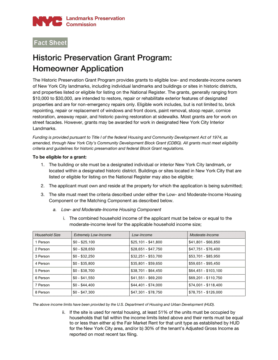 Homeowner Application - Historic Preservation Grant Program - New York City, Page 1