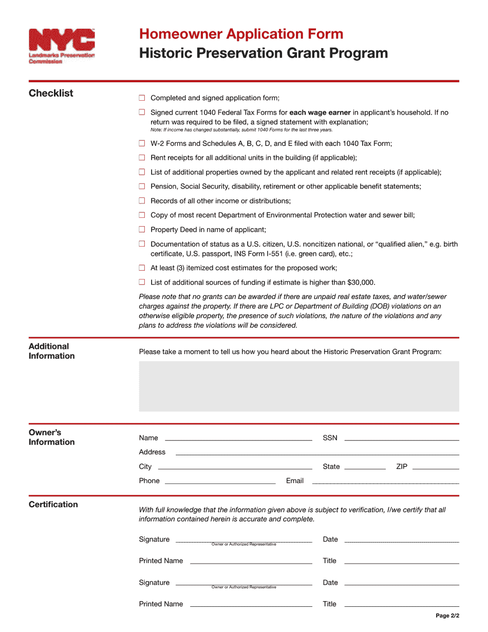 Homeowner Application - Historic Preservation Grant Program - New York City, Page 5