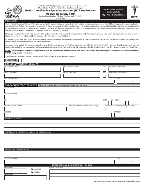 Medical Necessity Form - Health Care Flexible Spending Account (Hcfsa) Program - New York City Download Pdf