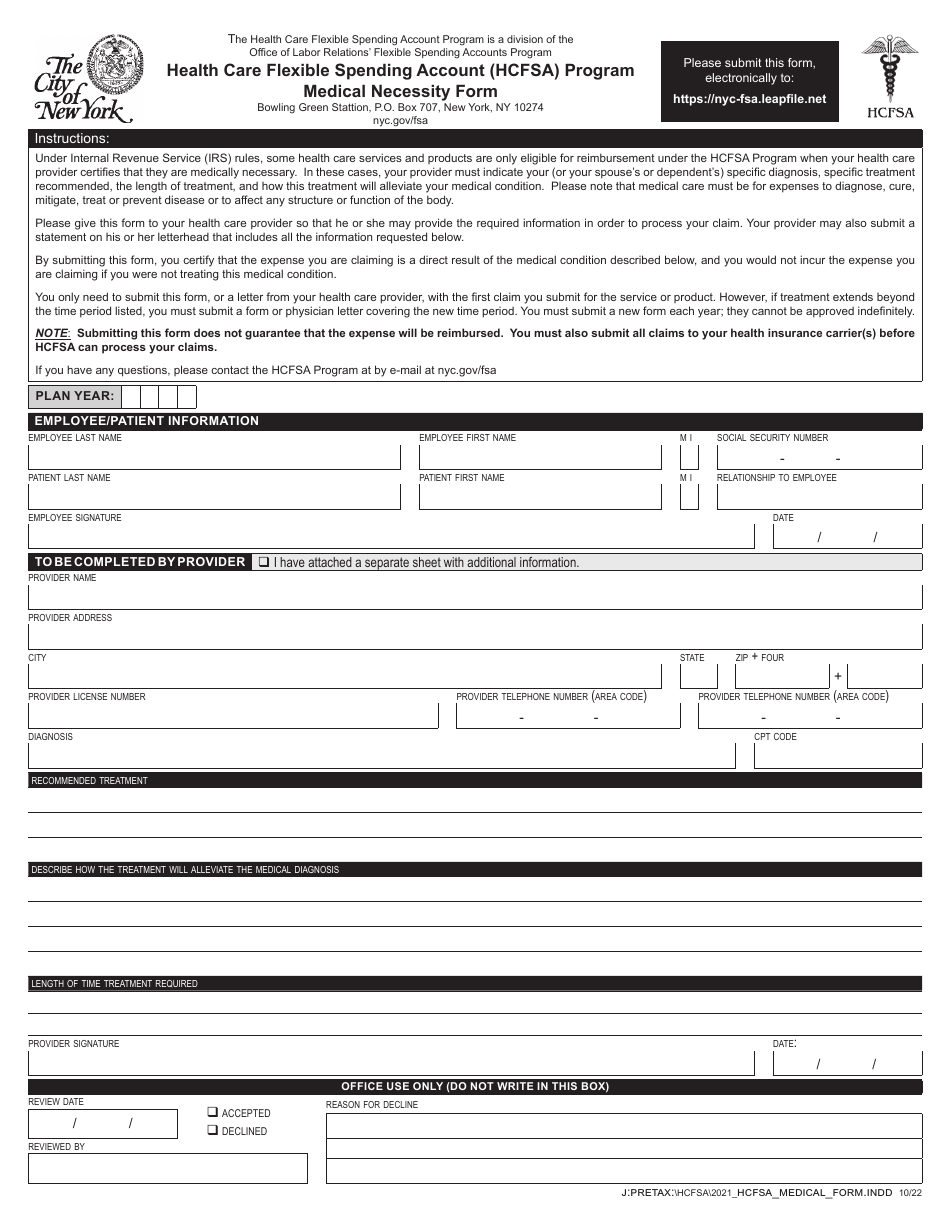 Medical Necessity Form - Health Care Flexible Spending Account (Hcfsa) Program - New York City, Page 1