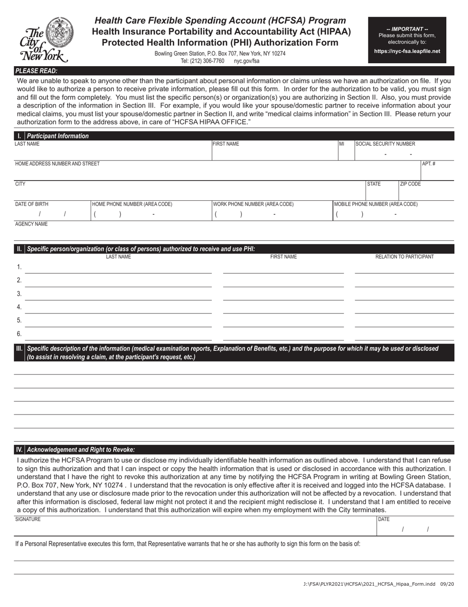 Health Insurance Portability and Accountability Act (HIPAA) Protected Health Information (Phi) Authorization Form - Health Care Flexible Spending Account (Hcfsa) Program - New York City, Page 1