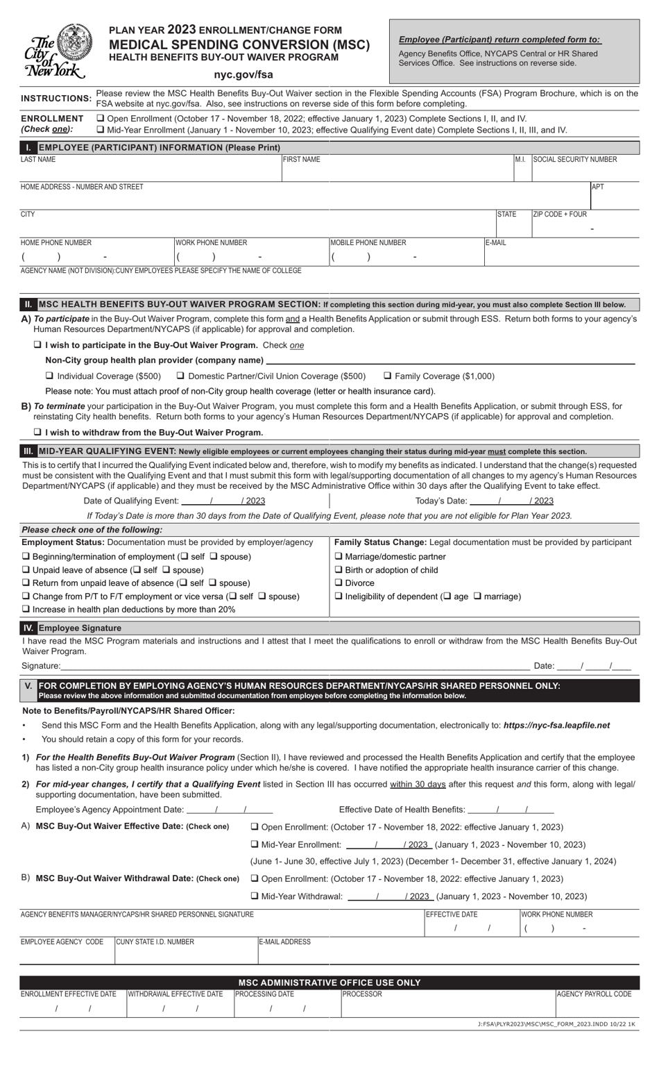 Plan Year Enrollment / Change Form - Medical Spending Conversion (Msc) Health Benefits Buy-Out Waiver Program - New York City, Page 1