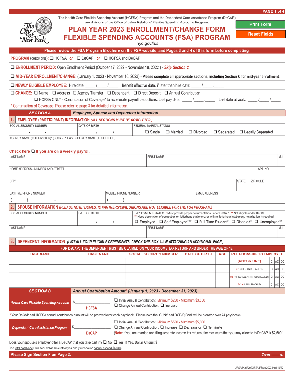 Plan Year Enrollment / Change Form - Flexible Spending Accounts (FSA) Program - New York City, Page 1