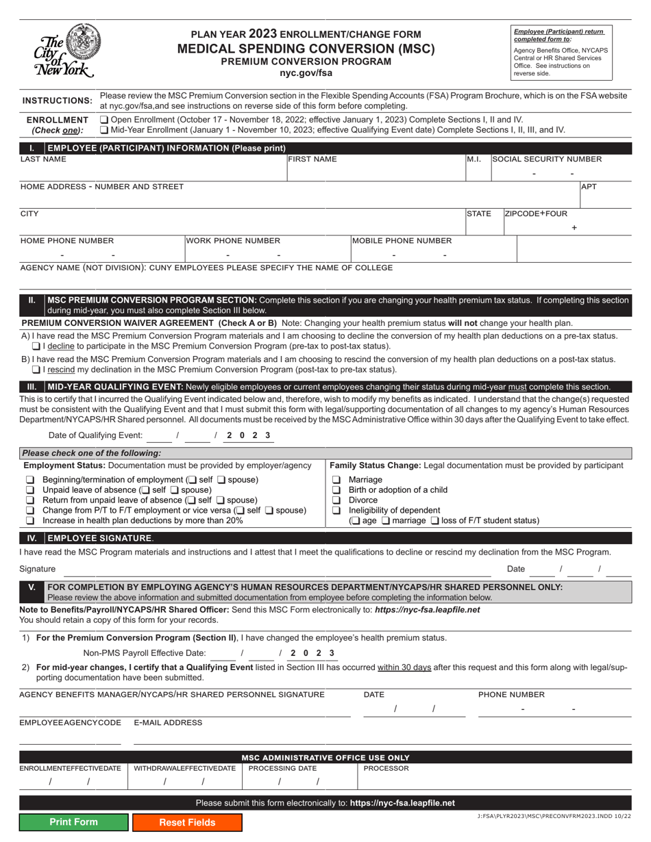 Plan Year Enrollment / Change Form - Medical Spending Conversion (Msc) Premium Conversion Program - New York City, Page 1