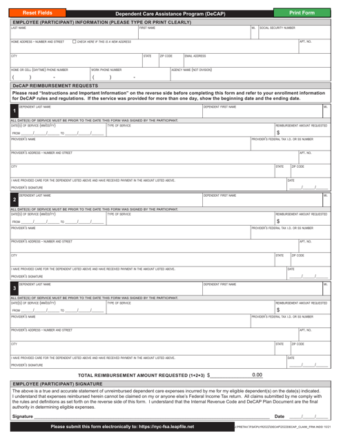 Claims Form - Dependent Care Assistance Program (Decap) - New York City Download Pdf