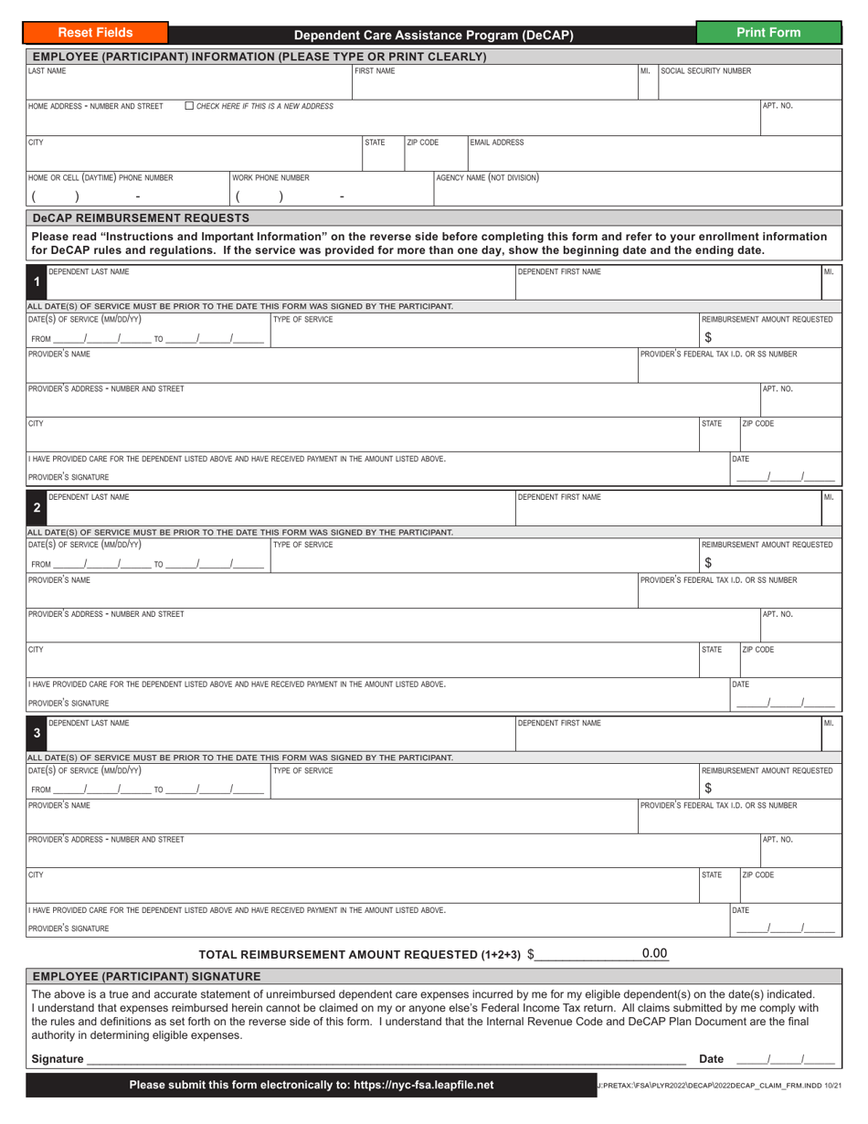 Claims Form - Dependent Care Assistance Program (Decap) - New York City, Page 1