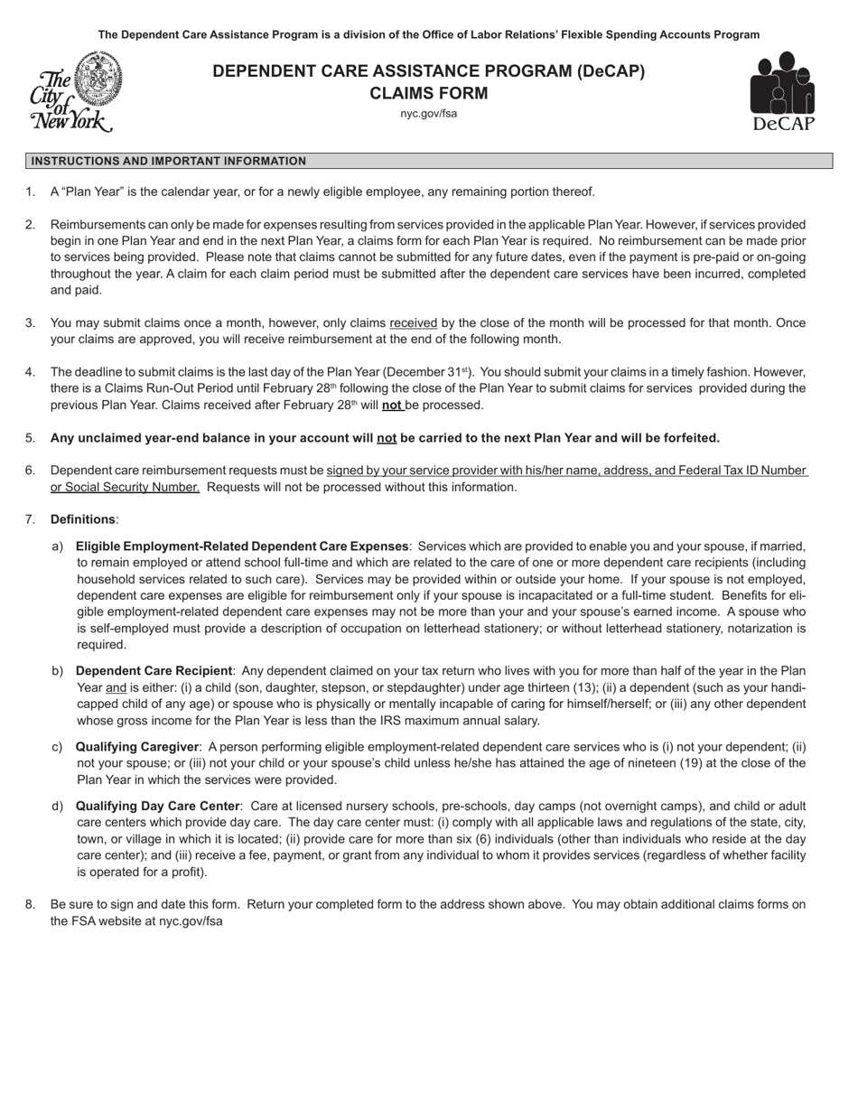 Claims Form - Dependent Care Assistance Program (Decap) - New York City, Page 2