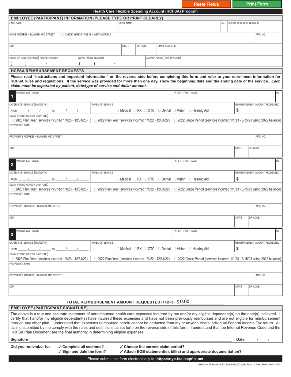 Claims Form - Health Care Flexible Spending Account (Hcfsa) Program - New York City, Page 1