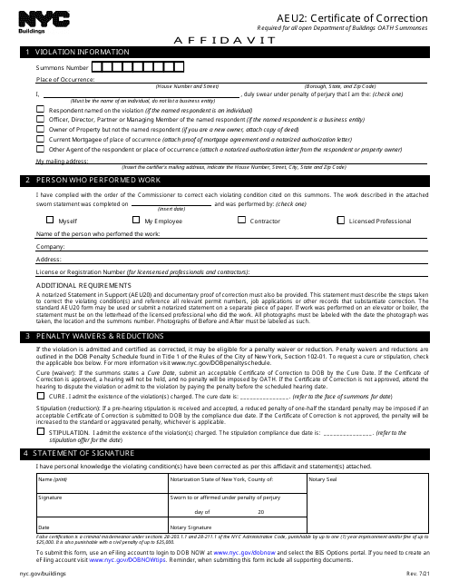 Form AEU2 Certificate of Correction - New York City