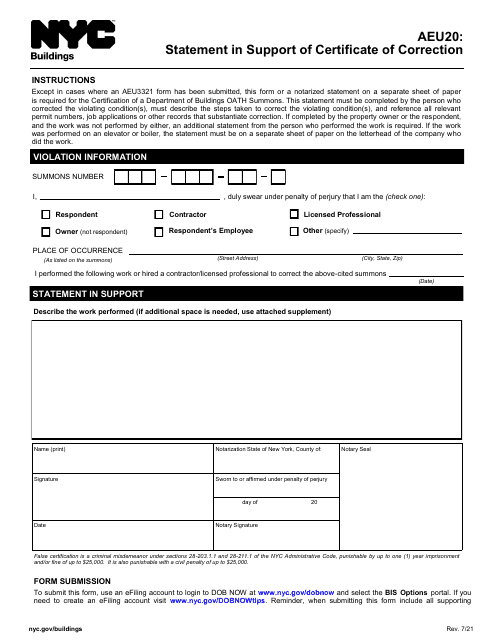 Form AEU20 Statement in Support of Certificate of Correction - New York City