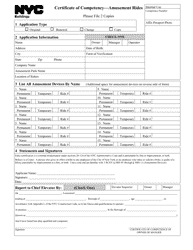 Document preview: Form ELV11 Certificate of Competency - Amusement Rides - New York City
