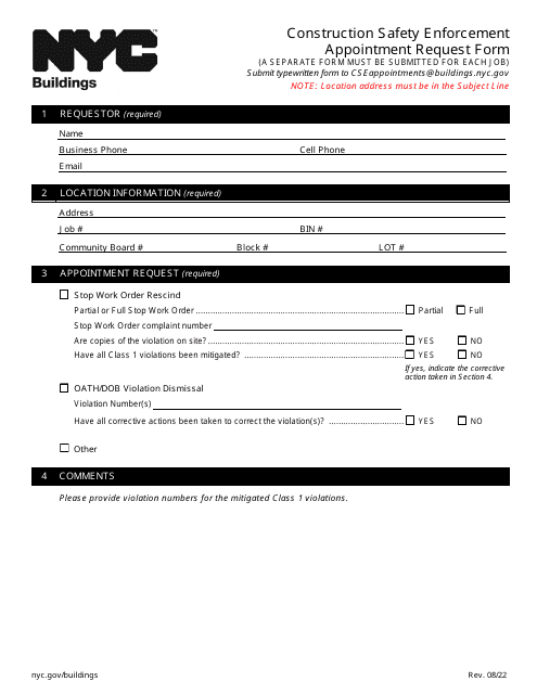 Construction Safety Enforcement Appointment Request Form - New York City Download Pdf