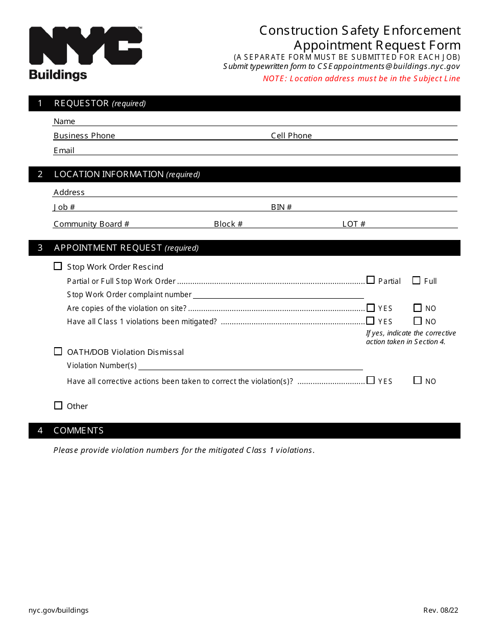 Construction Safety Enforcement Appointment Request Form - New York City, Page 1