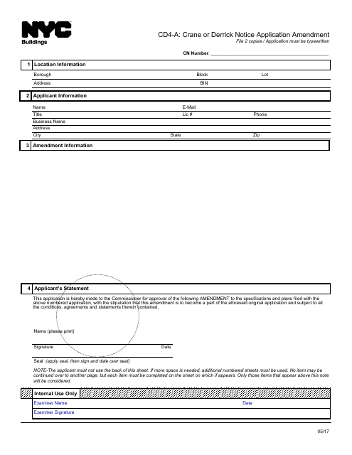 Form CD4-A Crane or Derrick Notice Application Amendment - New York City