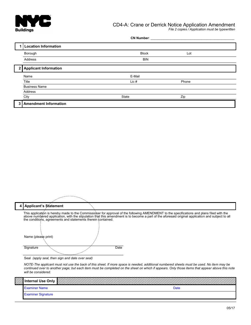 Form CD4-A Crane or Derrick Notice Application Amendment - New York City, Page 1