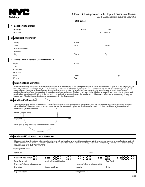 Form CD4-EQ Designation of Multiple Equipment Users - New York City