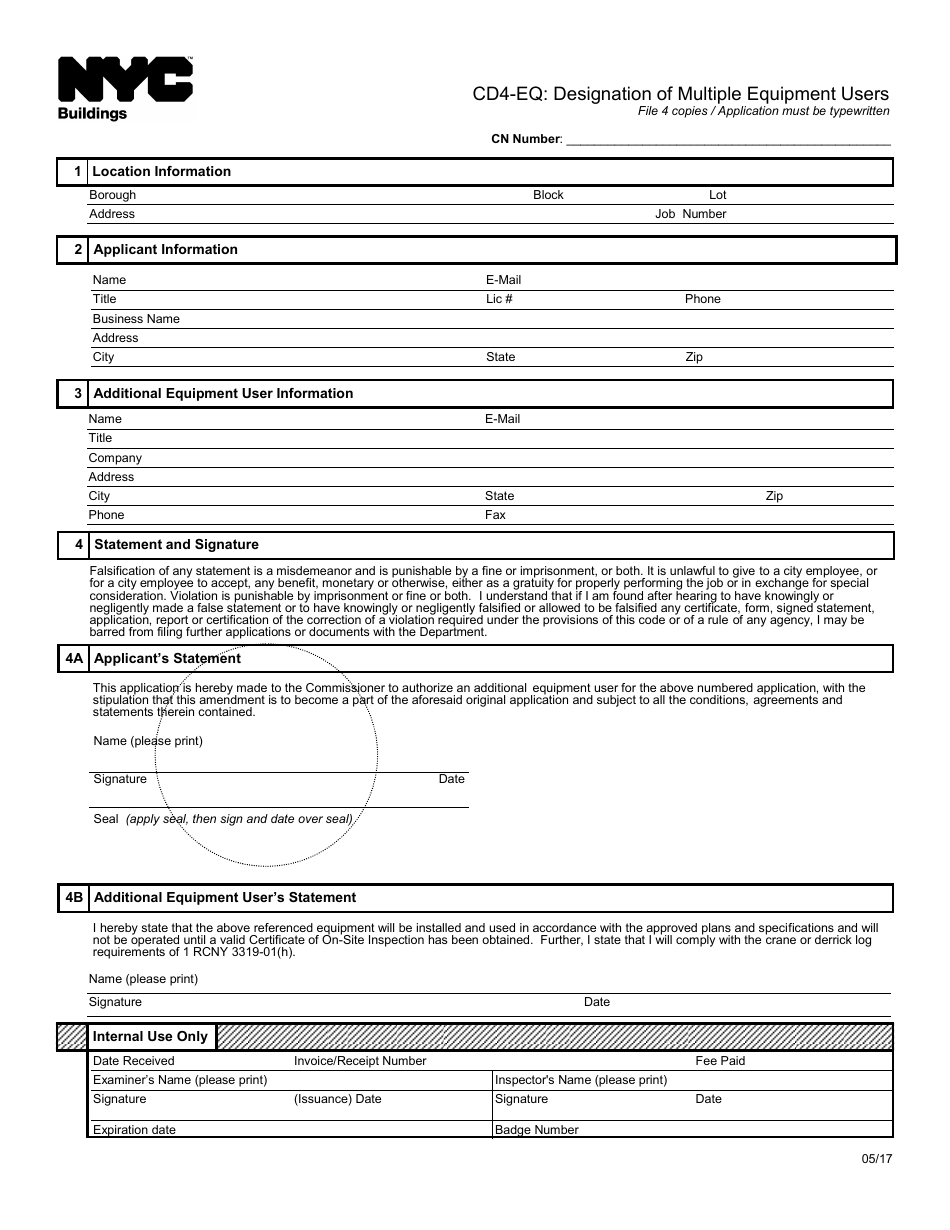 Form CD4-EQ Designation of Multiple Equipment Users - New York City, Page 1