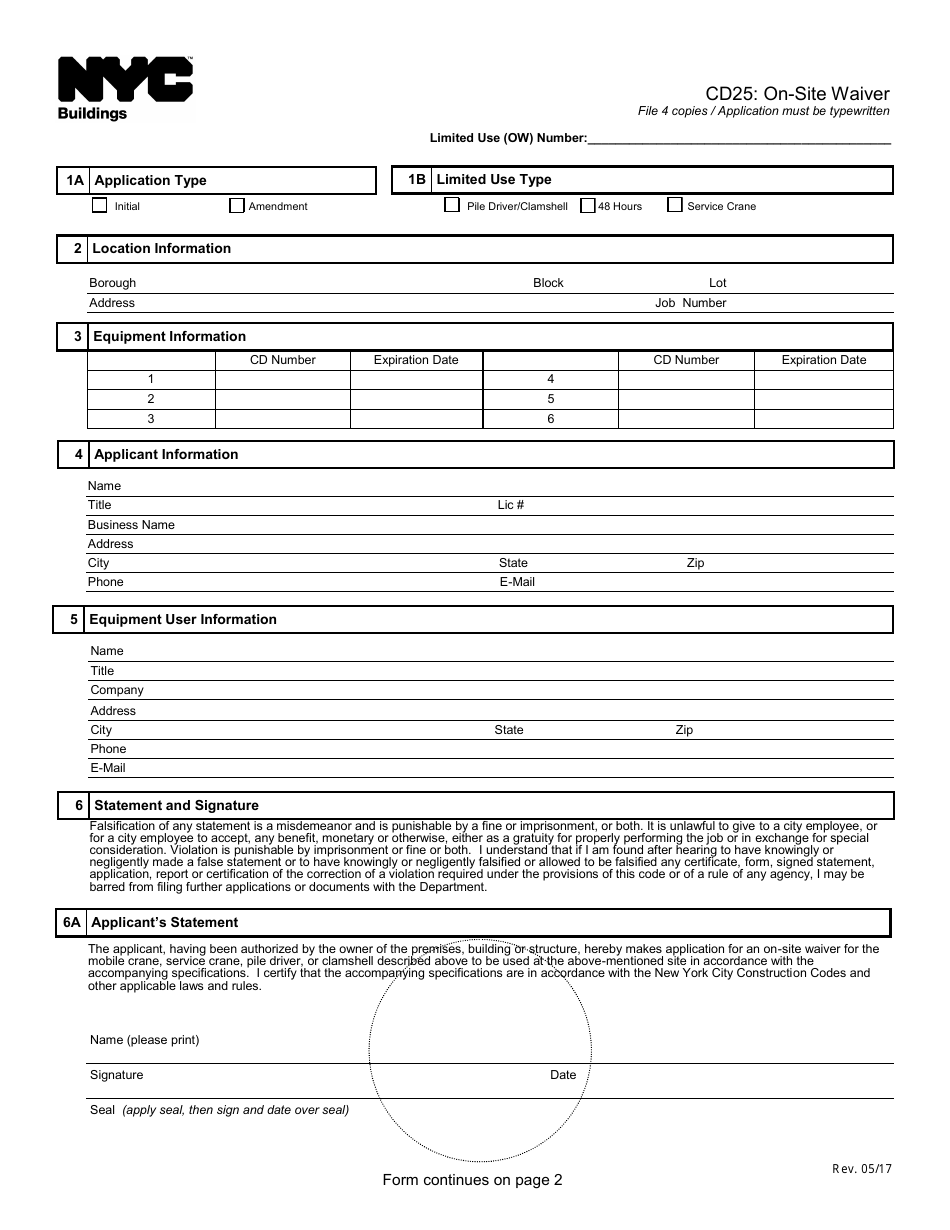Form CD25 On-Site Waiver - New York City, Page 1