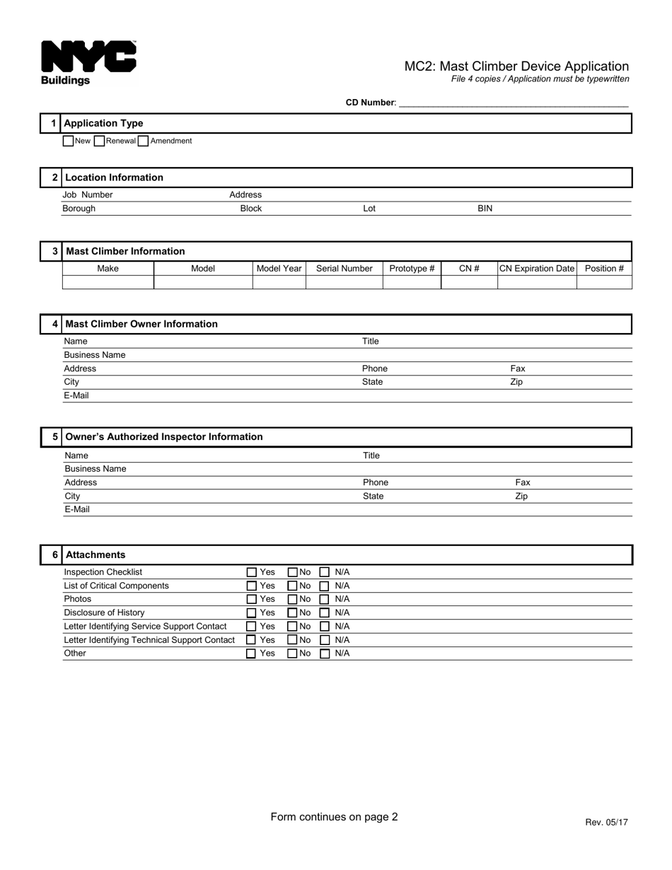 Form MC2 Mast Climber Device Application - New York City, Page 1