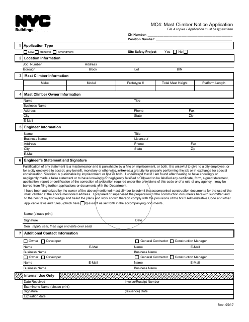 Form MC4 Mast Climber Notice Application - New York City