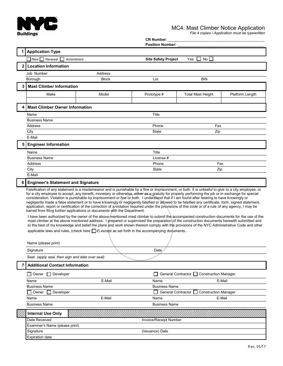 Form MC4 Mast Climber Notice Application - New York City, Page 1