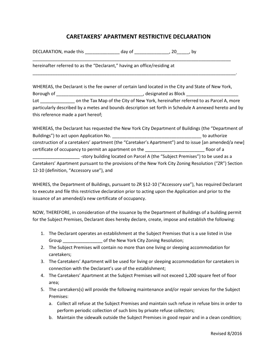 Caretakers Apartment Restrictive Declaration - New York City, Page 1
