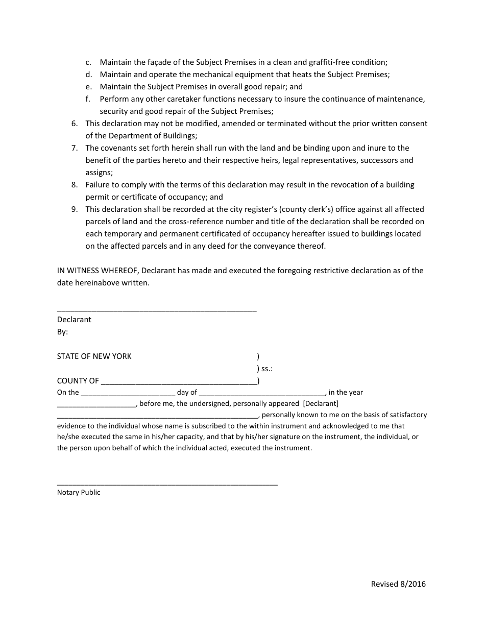 Caretakers Apartment Restrictive Declaration - New York City, Page 2