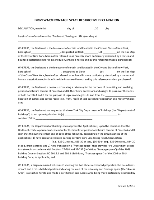 Driveway / Frontage Space Restrictive Declaration - New York City Download Pdf