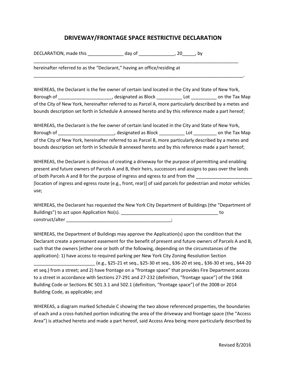Driveway / Frontage Space Restrictive Declaration - New York City, Page 1