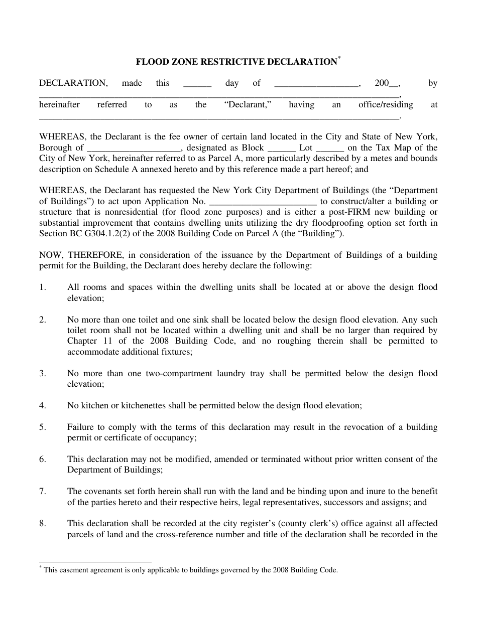 Flood Zone Restrictive Declaration: 2008 Code Form - New York City, Page 1