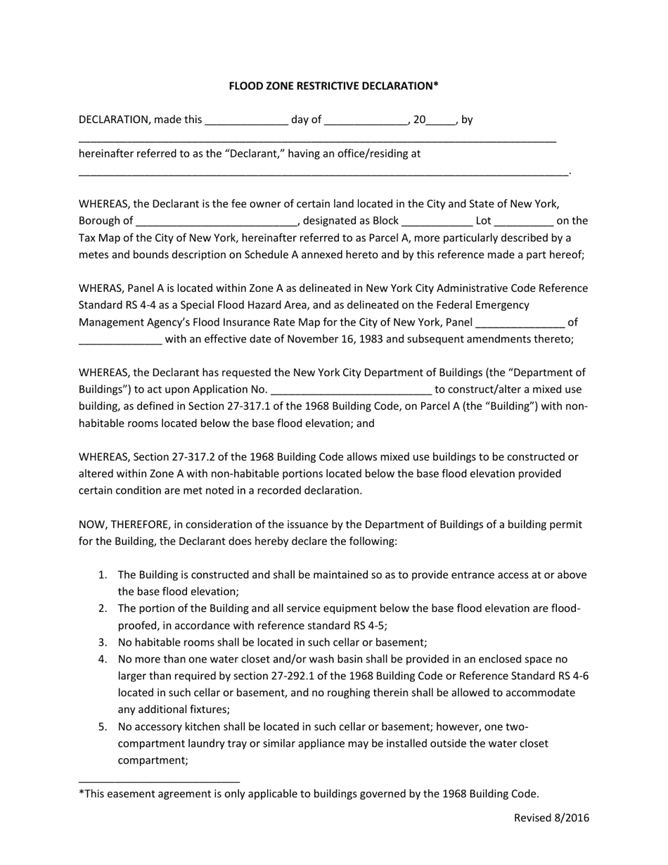 Flood Zone Restrictive Declaration: 1968 Code Form - New York City, Page 1