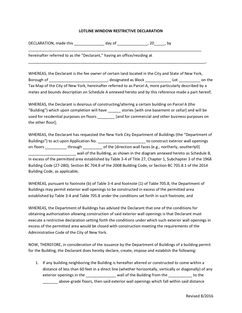 Lotline Window Restrictive Declaration - New York City Download Pdf