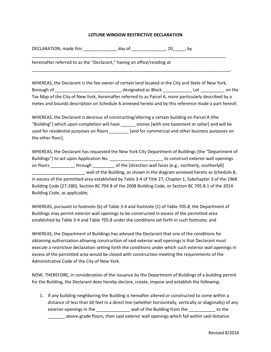 Lotline Window Restrictive Declaration - New York City, Page 1