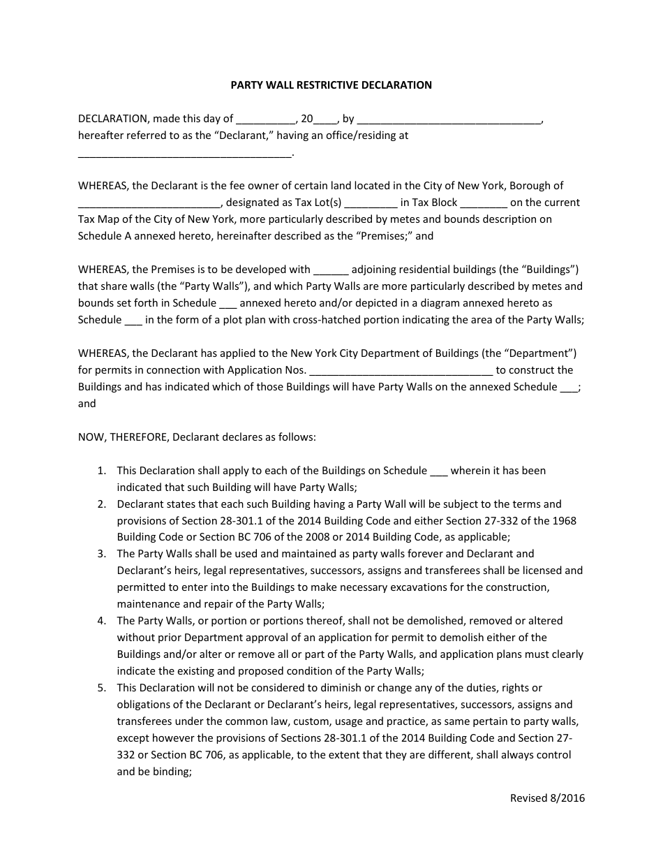 Party Wall Restrictive Declaration - New York City, Page 1
