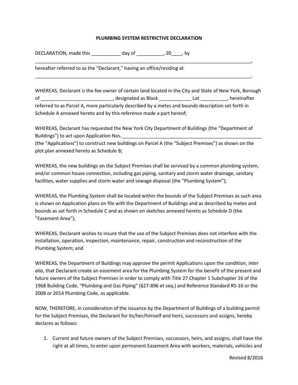 Plumbing System Restrictive Declaration - New York City, Page 1