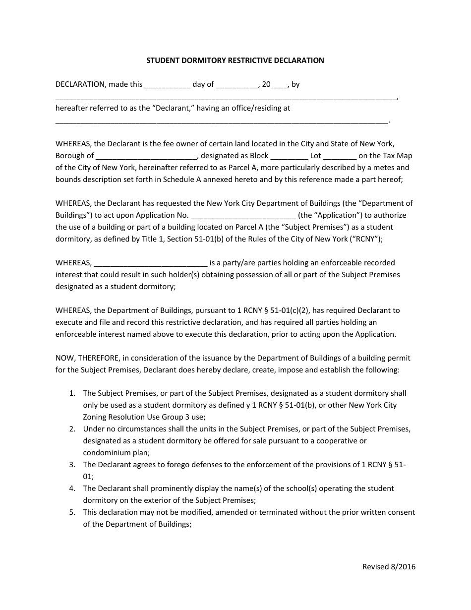 Student Dormitory Restrictive Declaration - New York City, Page 1