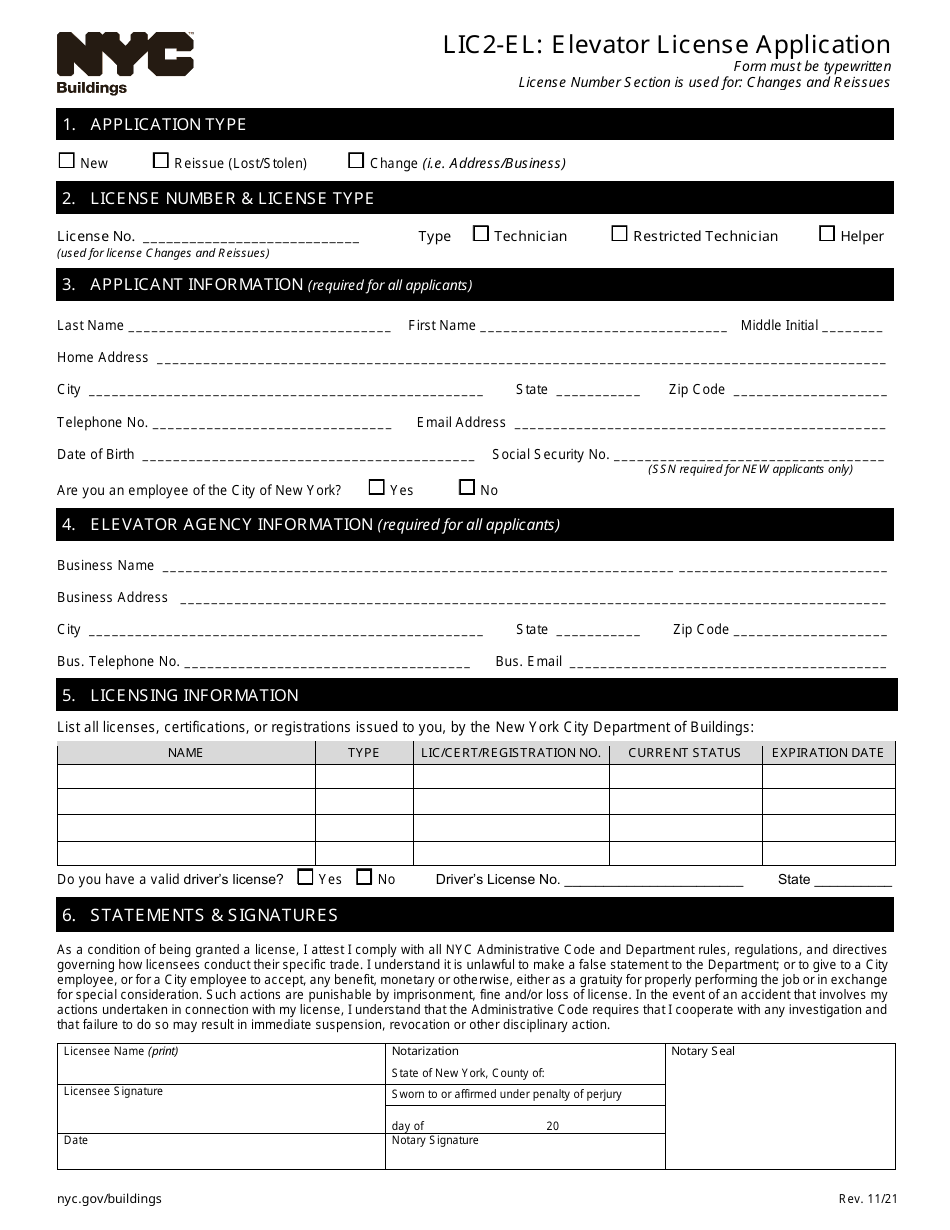 Form LIC2-EL Elevator License Application - New York City, Page 1
