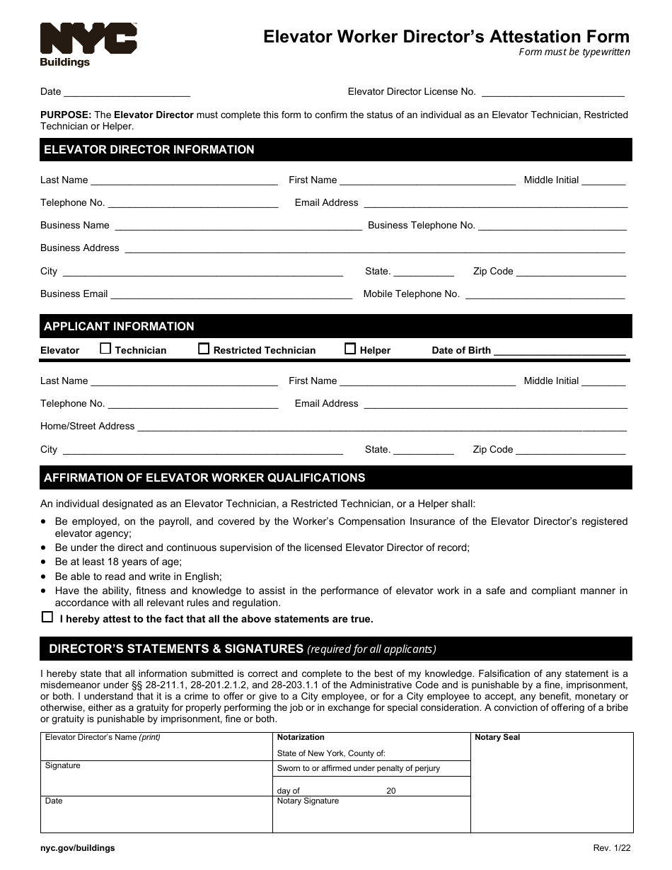 Elevator Worker Directors Attestation Form - New York City, Page 1