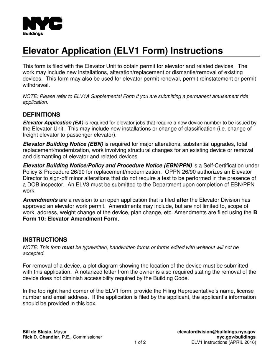 Instructions for Form ELV1 Elevator Application - New York City, Page 1