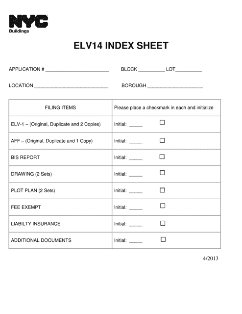 Form ELV14 Index Sheet - New York City
