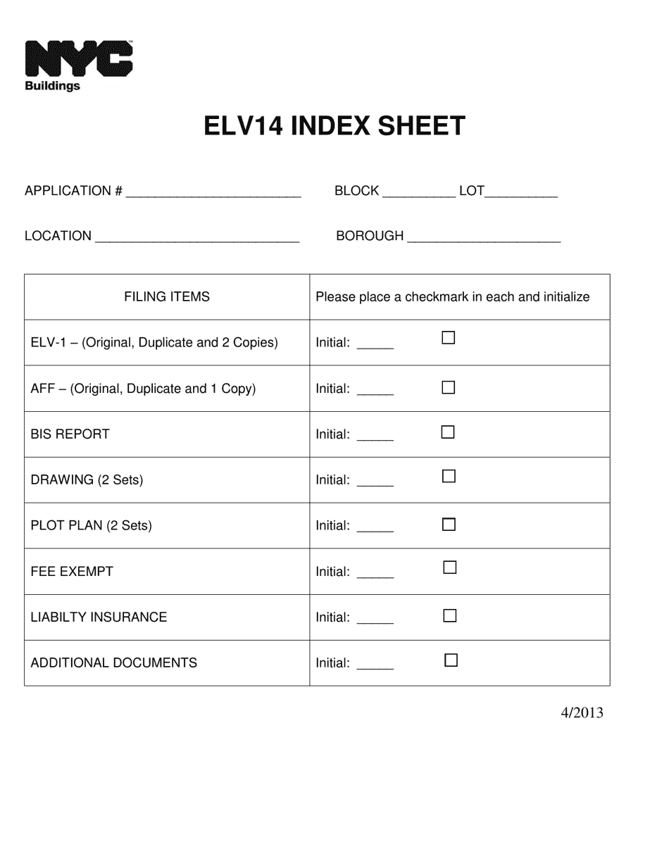 Form ELV14 Index Sheet - New York City, Page 1