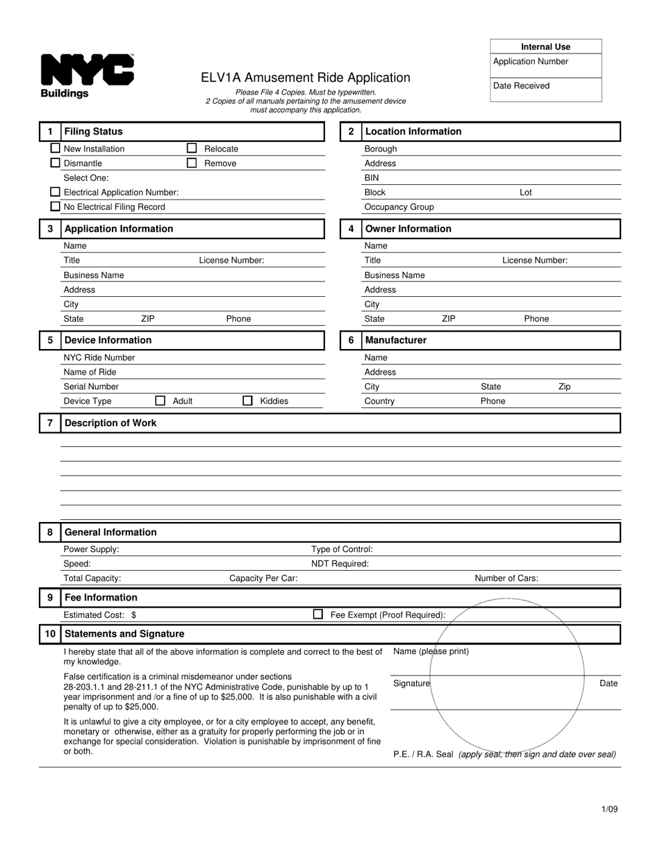 Form ELV1A Amusement Ride Application - New York City, Page 1