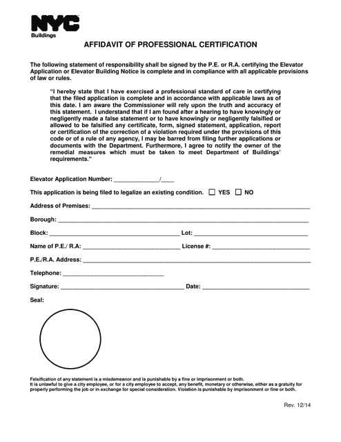 Form ELV15 Affidavit of Professional Certification - New York City